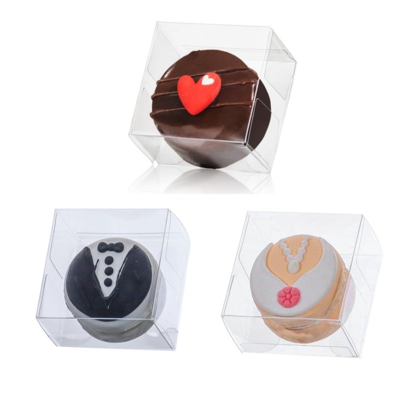 RomanticBaking 100pcs 2.17" Ã— 2.17" Ã— 1.38" Inch Chocolate Covered Mini Cookies Boxes Strawberry Macaron Boxes Clear Bakery Boxes for Gumballs, Pretzel,Browine,Malt Balls,Wedding Favors Party Boxes - Image 1
